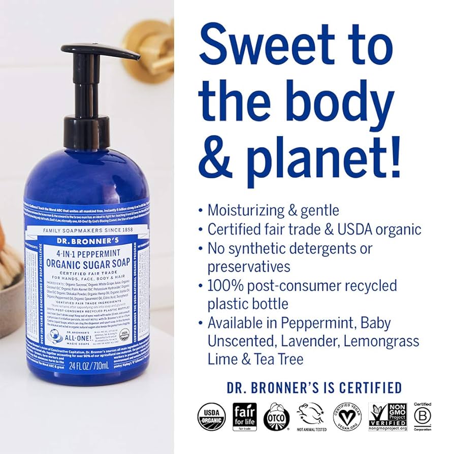 Dr. Bronner's ペパーミント石鹸 3,776ml Amazon.com : Dr. Bronner's Organic Sugar Soap (Peppermint